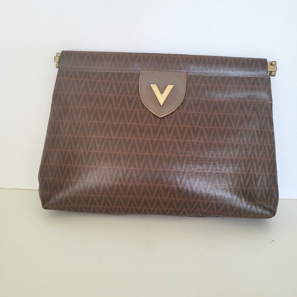 Mario Valentino Vintage Monogram Clutch Bag Brown V Pattern Made in Italy Large - Picture 2 of 10